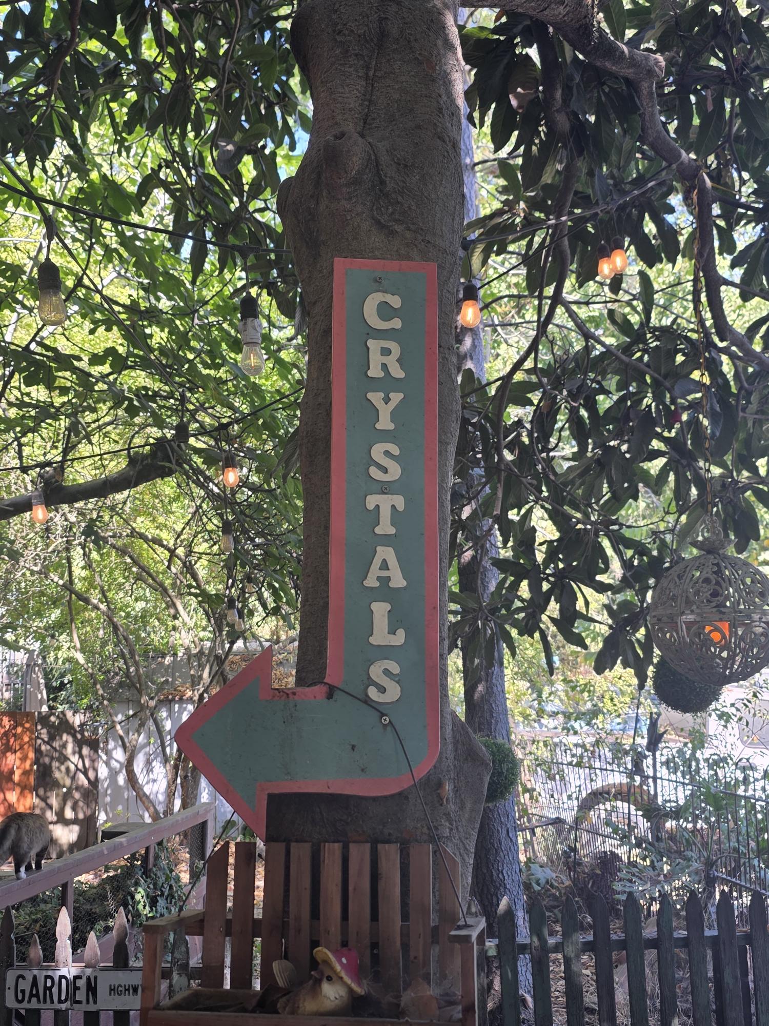 A vintage CRYSTALS sign hanging from a tree at an East Bay crystal shop